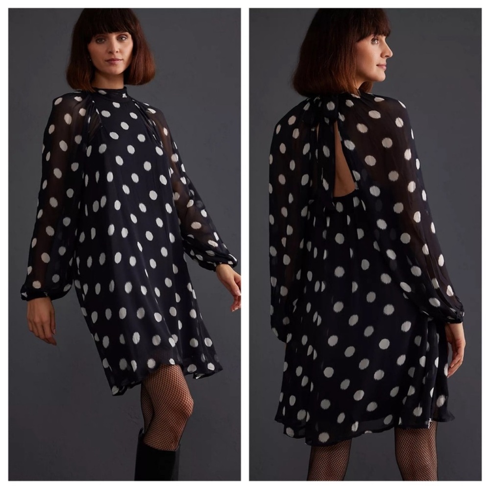 Anthropologie Black and White Polka Dot Long Sleeve Dress
